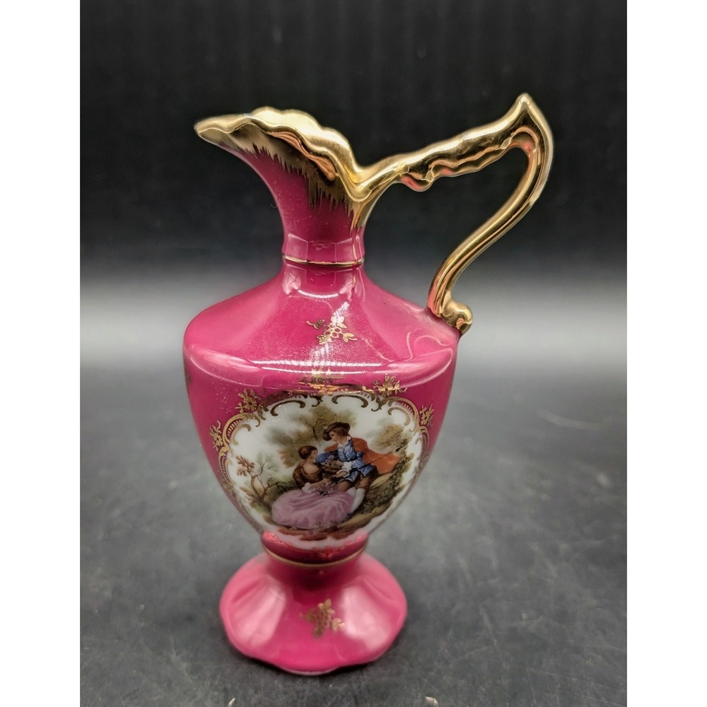 Limoges France Pitcher Fuchsia Pink Gold Fragonard Courting Couple Ewer